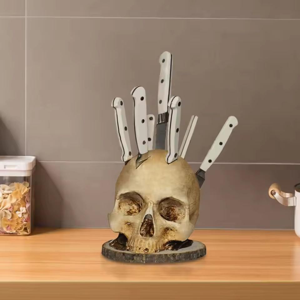 Halloween Skull Knife Holder Resin Decor - Spooky Kitchen Countertop Knife Rack for Horror Theme Party