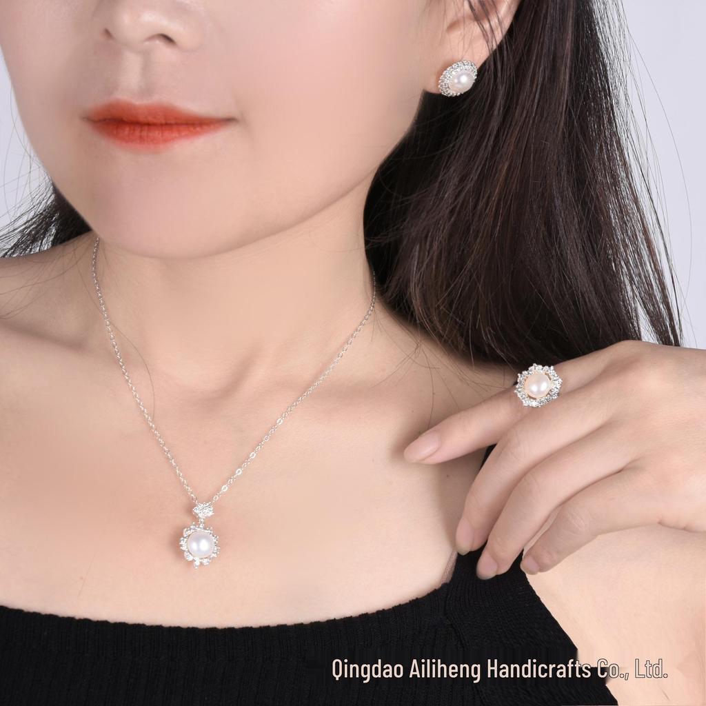 Pearl Stud Earrings & Necklace Set: 925 Sterling Silver with Natural Freshwater Pearls
