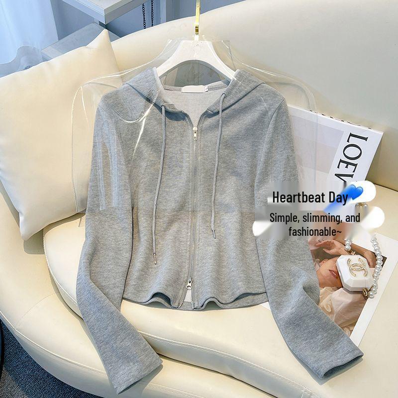 2023 Korean Style Women's Slimming Short Hooded Sweatshirt with Double-Headed Zipper