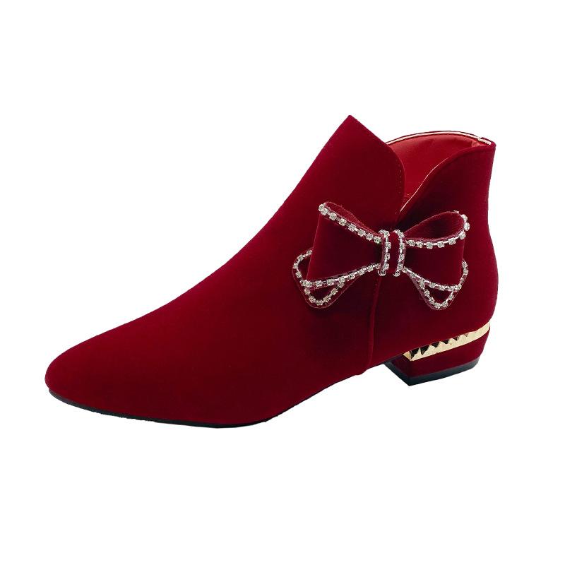 Internet celebrity autumn and winter bride boots 2025 new burgundy festive wedding boots rhinestone fringed thick heel not tired feet fashion boots