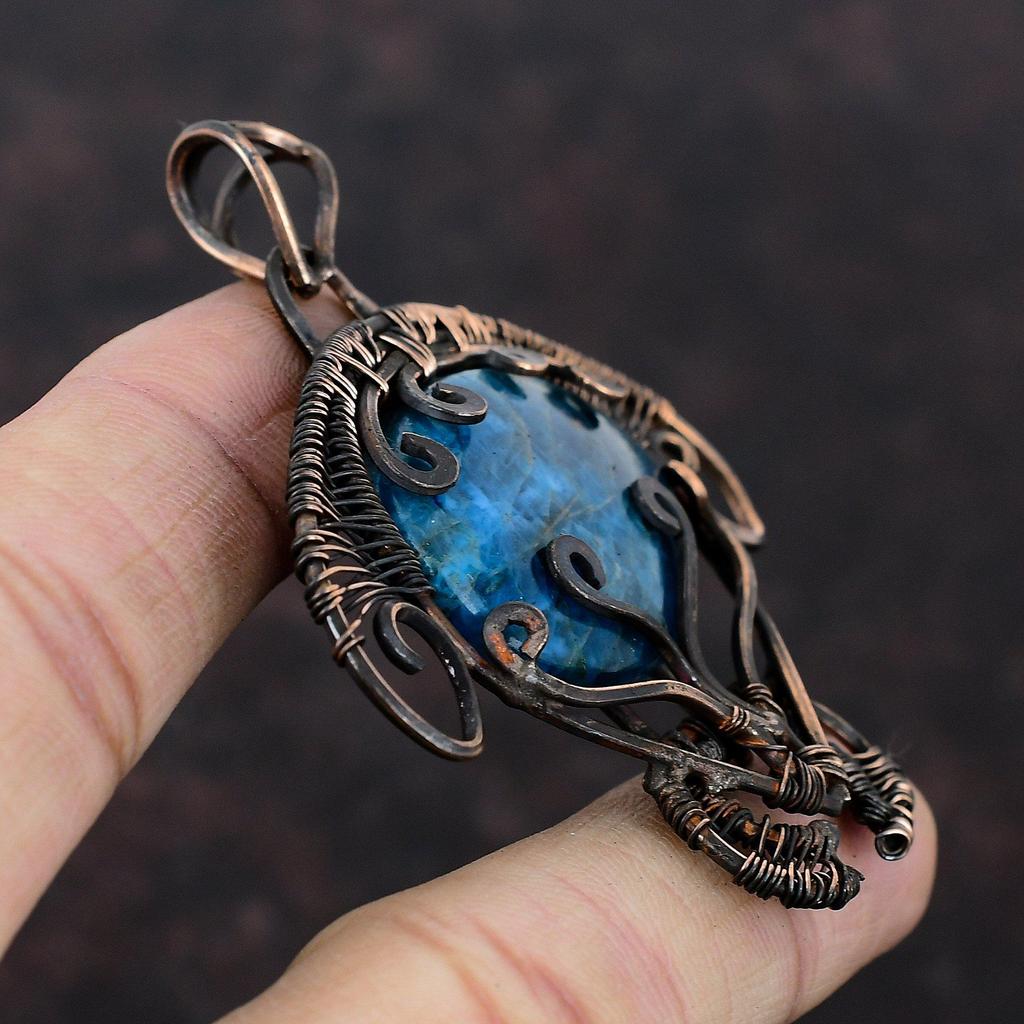 Neon Apatite Pendant Copper Wire Wrapped Pendant Natural Gemstone Pendant Copper Jewelry Handmade Tortoise Pendant Wire Jewelry Wedding Gift