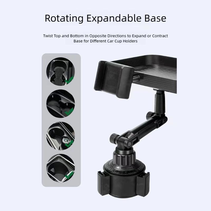 Universelles Fahrzeugzubehör mit integrierter Handyhalterung, drehbarem Getränkehalter und Ablagefach für bequeme Navigation