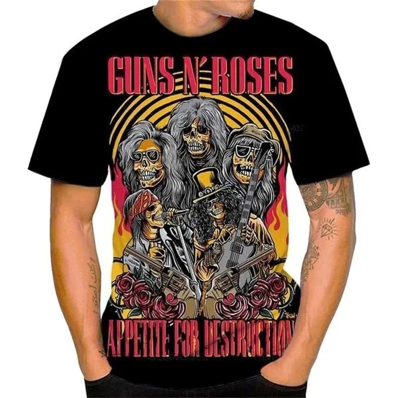 Vintage Guns N Roses 3D Print O-Neck T-shirt Men Casual Short Sleeve Rock Band Oversized Hip-hop Tshirt Unisex Clothing