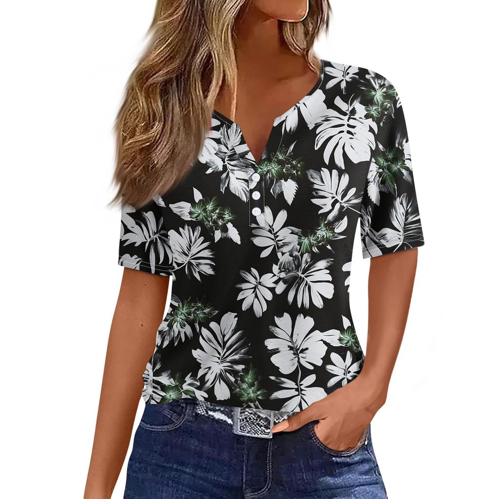 Women's T Shirt Tee Print Button Short Sleeve Daily Weekend Fashion Basic V- Neck Regular Top