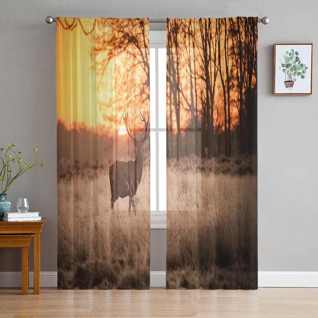 Deer Autumn Winter Forest Modern Sheer Curtains For Living Room Bedroom Tulle Curtains Window Voile Curtain Kitchen Hotel Decor