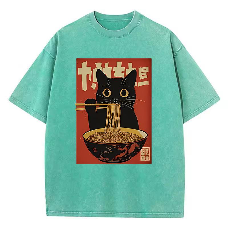 T Shirt Vintage Washed 100% Cotton T-Shirt Black Retro Cat Eating Ramen Graphic Tee Casual Streetwear for Spring Summer