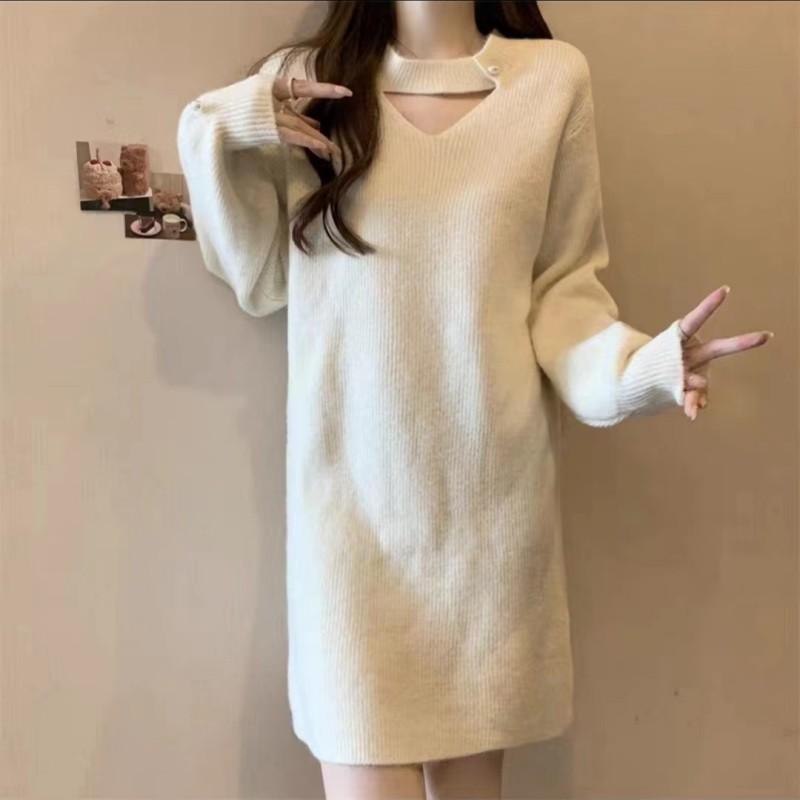 

Яркое шелковистое темпераментное трикотажное платье средней длины с длинным низом, новая модная модель осень-зима, с мягким ворсистым свитером-блузкой One size бежевый