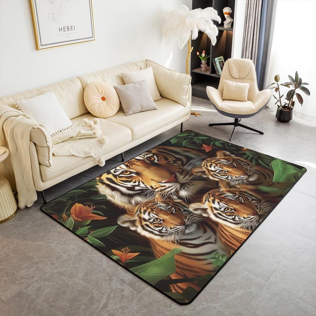 Japanese Ukiyo-e Tiger & Ocean Wave Print Area Rug, Bold Non-Slip Floor Mat for Living Room Bedroom Home Decor Carpet