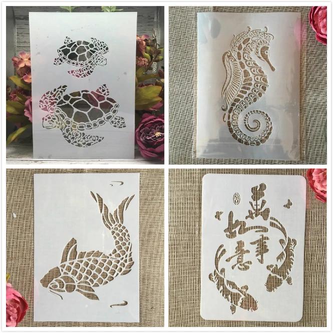 

4Pcs A4 29cm Fish Turtle Hippocampus DIY Layering Stencils Wall Painting Scrapbook Coloring Embossing Album Decorative Template