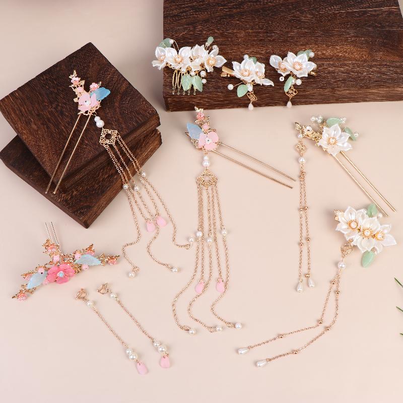 5 Stück/Set Mit Vintage-Blumen- und Quastendesigns Handgefertigte Hanfu-Haaraccessoires Elegante Klassische Kopfbedeckung