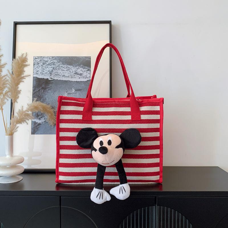 

ins сумка большая вместительная сумка женская 2025 новая модная полосатая сумка-тоут повседневная дорожная на плечо холщовая сумка Without pendant красный