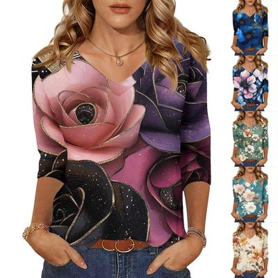 Women's Tops Three-quarter Sleeve Shirt V-neck Loose Casual Shirt Floral Print T-shirt