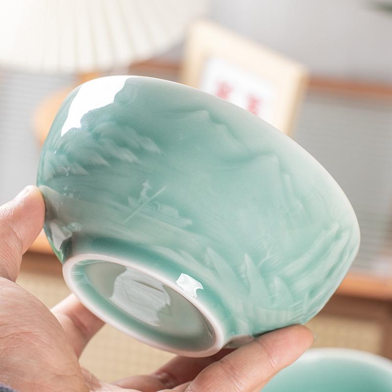 2024 Elegant 5-Inch Celadon Ceramic Rice Bowl with Landscape Relief Sky Blue 4.5-inch Bowl