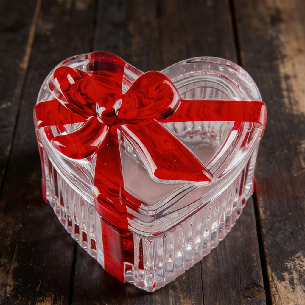Candy Jar with Lid Glass Heart Shaped Clear Cookie Bowl Candy Storage Container Serving Dish for Snacks Jewelry Red Bow