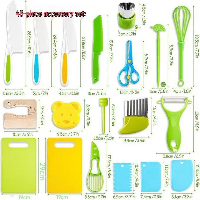 46-Piece Children's Safe Kitchen Set: Plastic Fruit & Vegetable Knives with Embossing Molds and Baby Food Tools. Multiple Styles Available.
