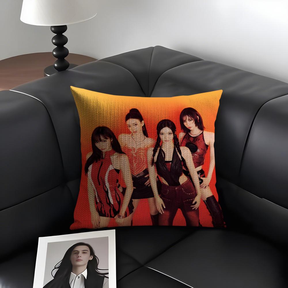 A-Aespa Korean Group Cushion Cover Natural Linen Organic Fabric Double-Sided Printing Sofa Home Decor Gift Pillow Case