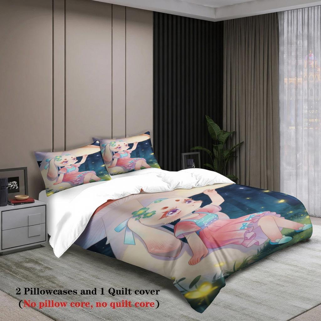 Softville Cozy Town 3PC Bedding Sets Lop Rabbit Sitting Under Mushroom Pint Duvet Cover No Filling Cartoon Style Queen King Size