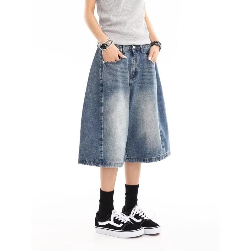 JYL Women's Denim Shorts American Vintage Summer High-Street Loose Washed Cropped Denim