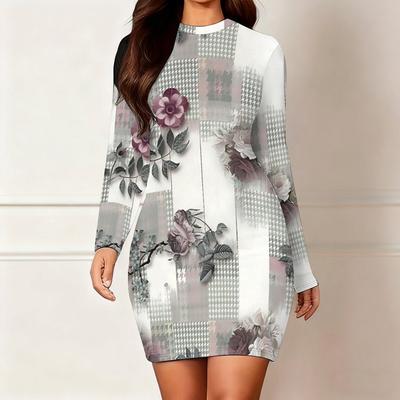 2025 Herfst en Winter Nieuw 3D Bloemenprint en Verven Damesmode Lange Mouw Ronde Hals Heupomsluitende Jurk Valentijnsdag Limited