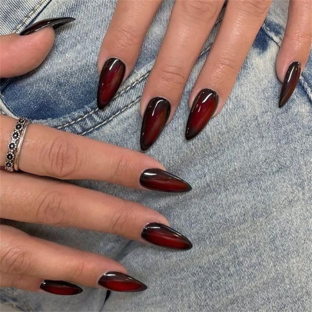 24PCS Glossy Red Black False Nails Fake Nails Wearable Spicy Girls Press on Nails Full Cover Artificial False Nail For Daily