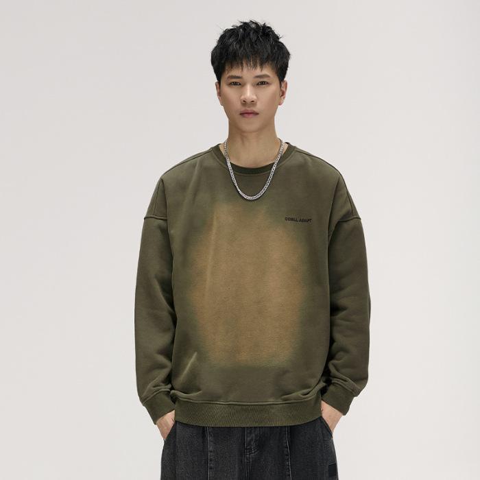 

American Retro Heavy Fry Wash Old Washed Sweater Men S Autumn Loose Print Crew Neck Long Sleeves 4XL