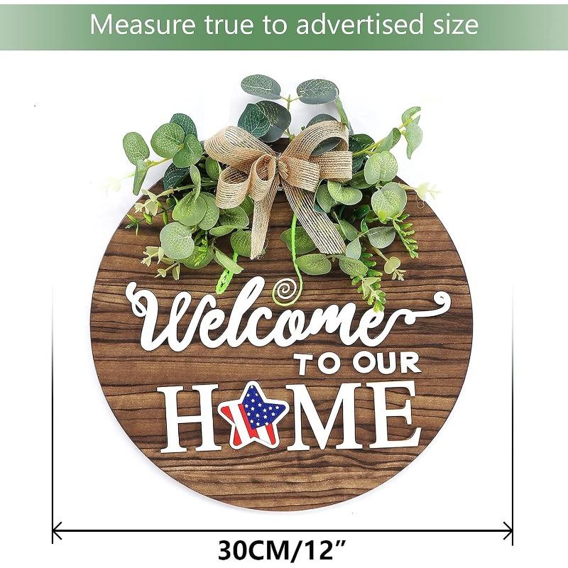 1 Set Seasonal Welcome Sign Front Door Decoration, Rustic Round Wood Wreaths Wall Hanging Outdoor, Farmhouse, Porch