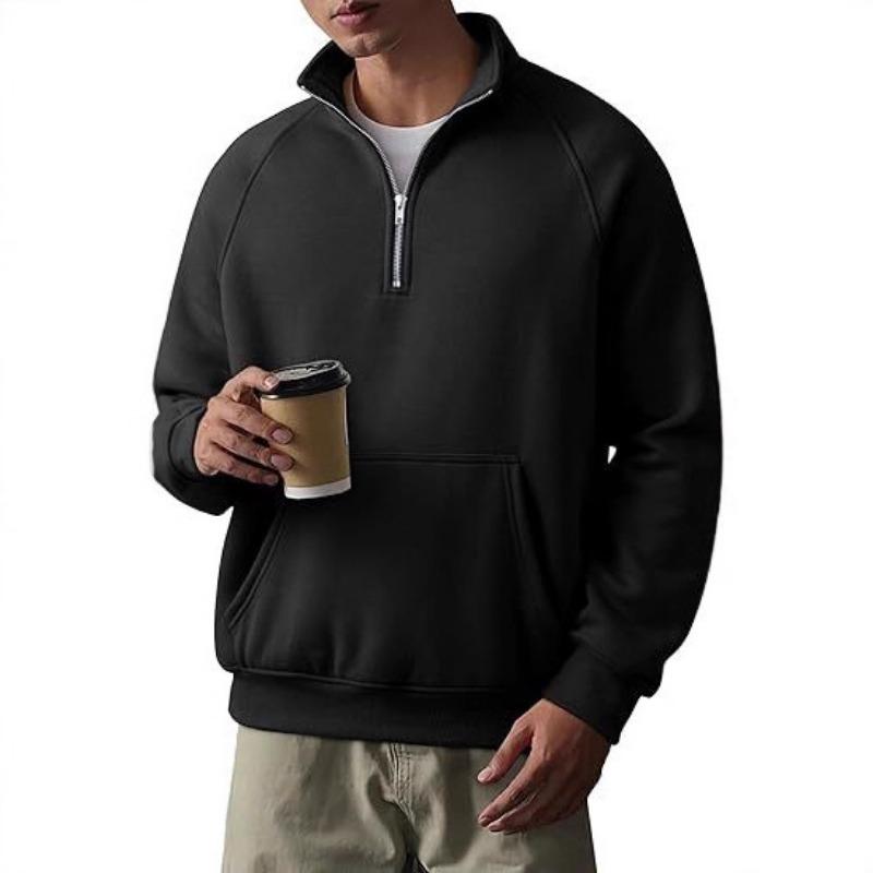 Men S Fleece Lined Hoodless Raglan Sleeve Half Zip Stand Collar Sweatshirt