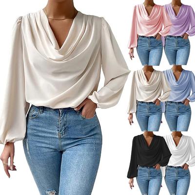 European and American Summer Chiffon Long-sleeved Shirt Loose Draped V-neck Top T-shirt Women's Clothing