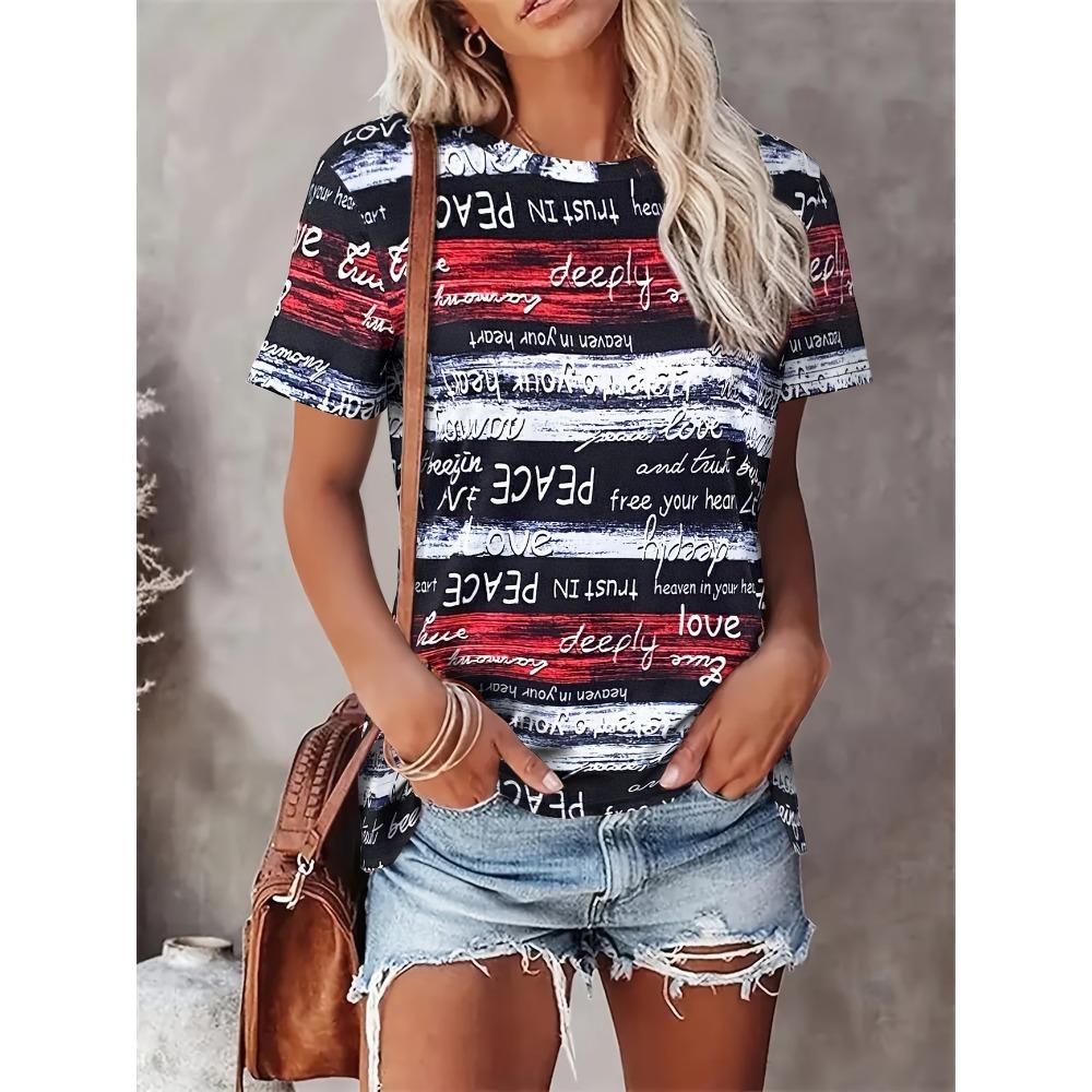 Women's Striped Letter Print T-Shirt Casual Round Neck Short Sleeve Summer Loose Tee Top Daily Loose