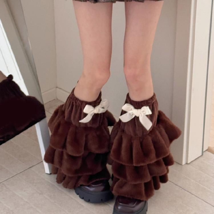 Winter Warm Furry Tiered Ruffle Leg Sleeves for Women Aesthetic Bowknot Fuzzy Leg Warmers Boot Covers Footless Socks