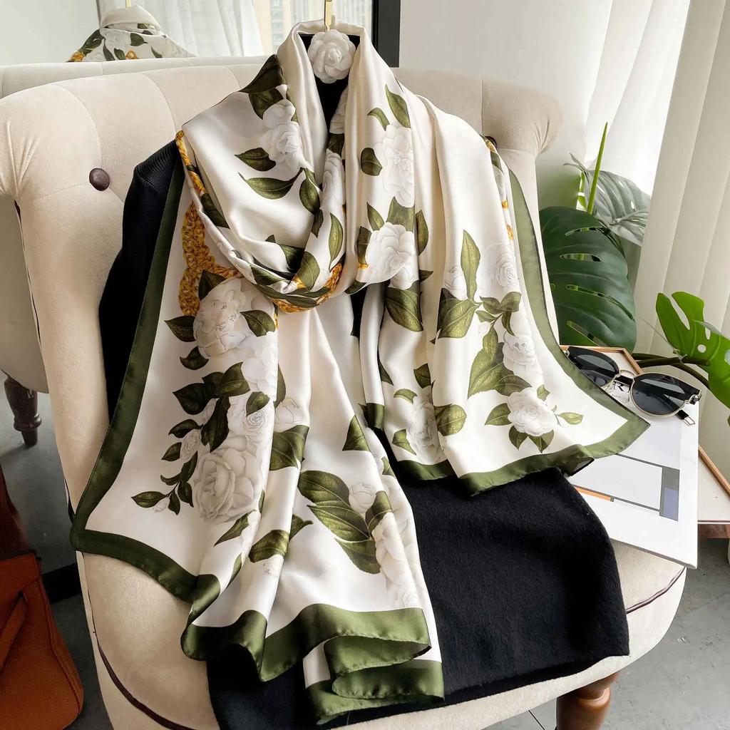 New 90*180CM Fashion Luxury Lady Print Design Shawl Soft Satin Silk Scarf Shawl Versatile Women Long Silk Scarves