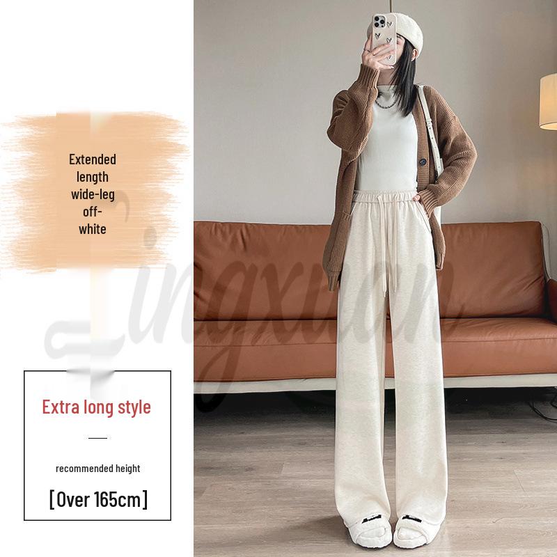 2026 Fall/Winter Off-White High-Waisted Cashmere Wide-Leg Pants with Velvet, Casual Floor-Length for Women