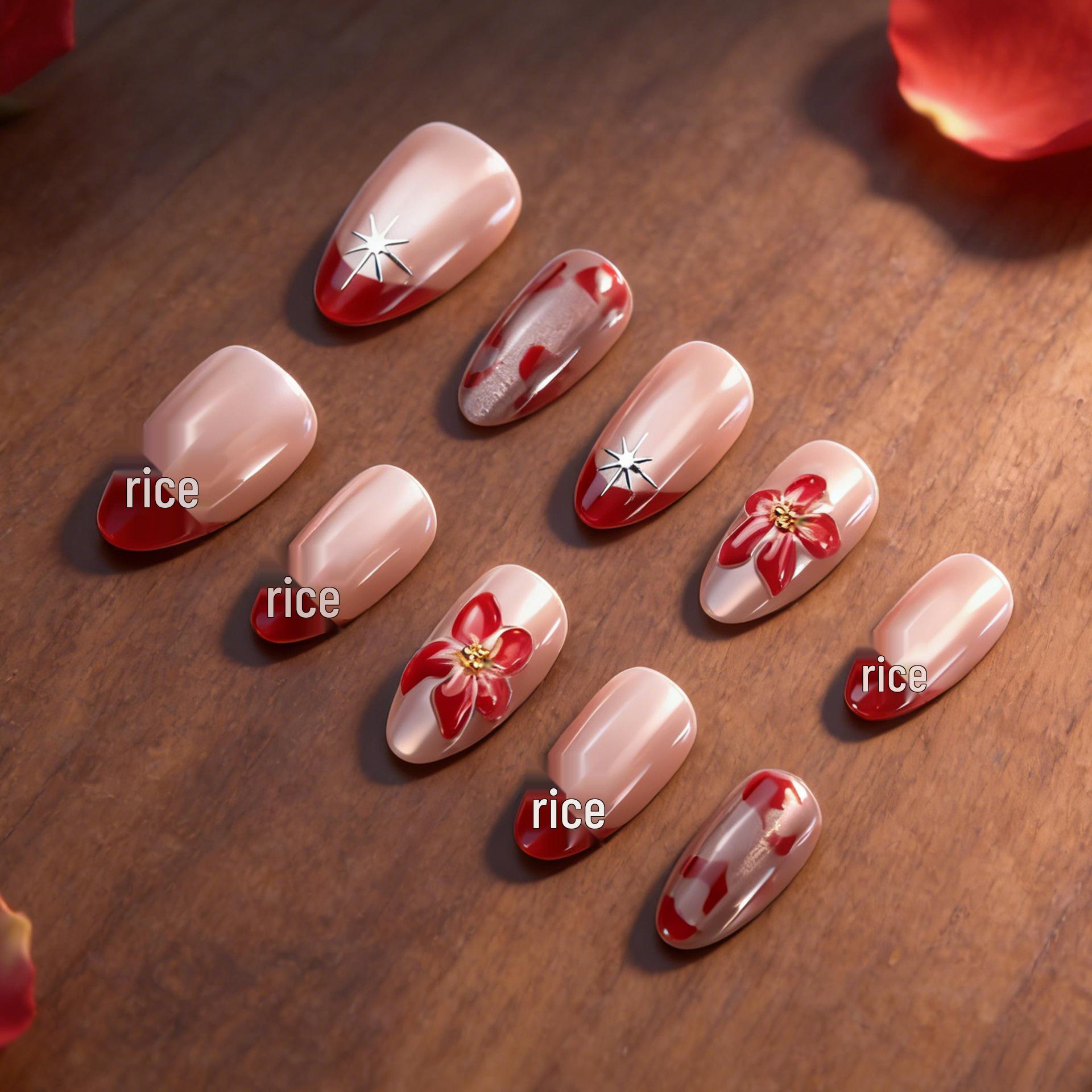 30-Piece Red French Manicure Set: European & American 3D Flower Cat Eye Almond Nails with Gilded Accents Boxed (Jelly Glue + File)