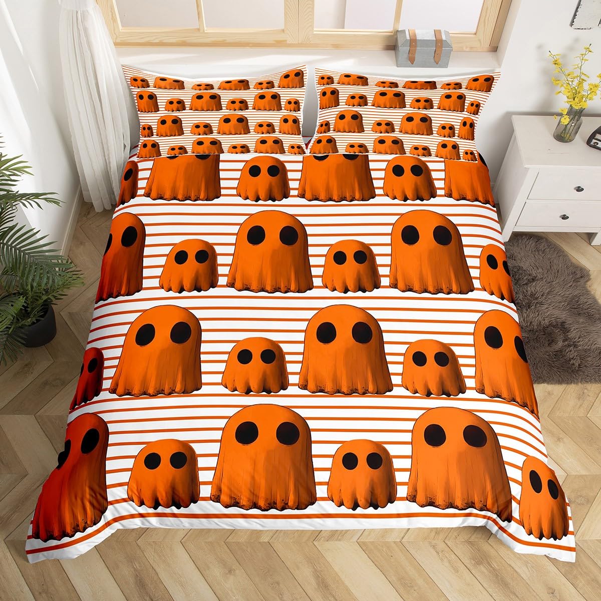 

Comforter Cartoon Ghost Twin Queen Happy Halloween Bedding Set Orange Pumpkin Flowers Rustic Comforter With 2 Comforter (quilt)-EU Single(135*200cm)3pcs