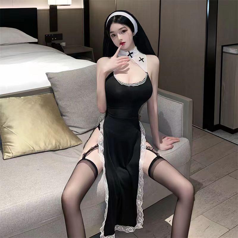 Heiße Cosplay Nonne Schwester Kostüme Für Frauen Ärmelloses Schrittloser Kleid Cos Maid Uniform Nachthemden Mädchen Rollenspiel Erotisches Kostüm