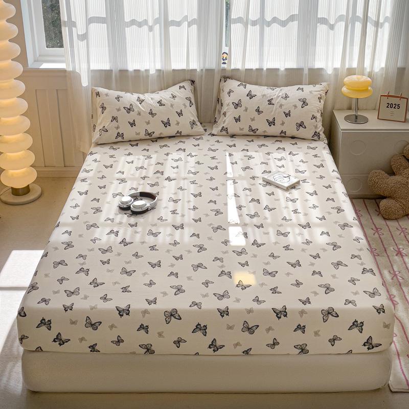 Washed Cotton Fitted Sheet with Elastic Bands Non Slip Adjustable Mattress Cover Printed  Pure Cotton  for Double King Queen