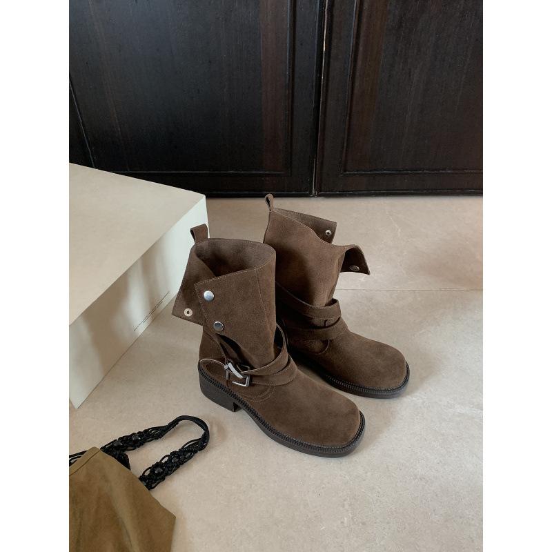 Cowhide Version~ Heightening .5 Martin Boots Women's Maillard Thick Heel Boots Thick-soled Buckle Short Boots