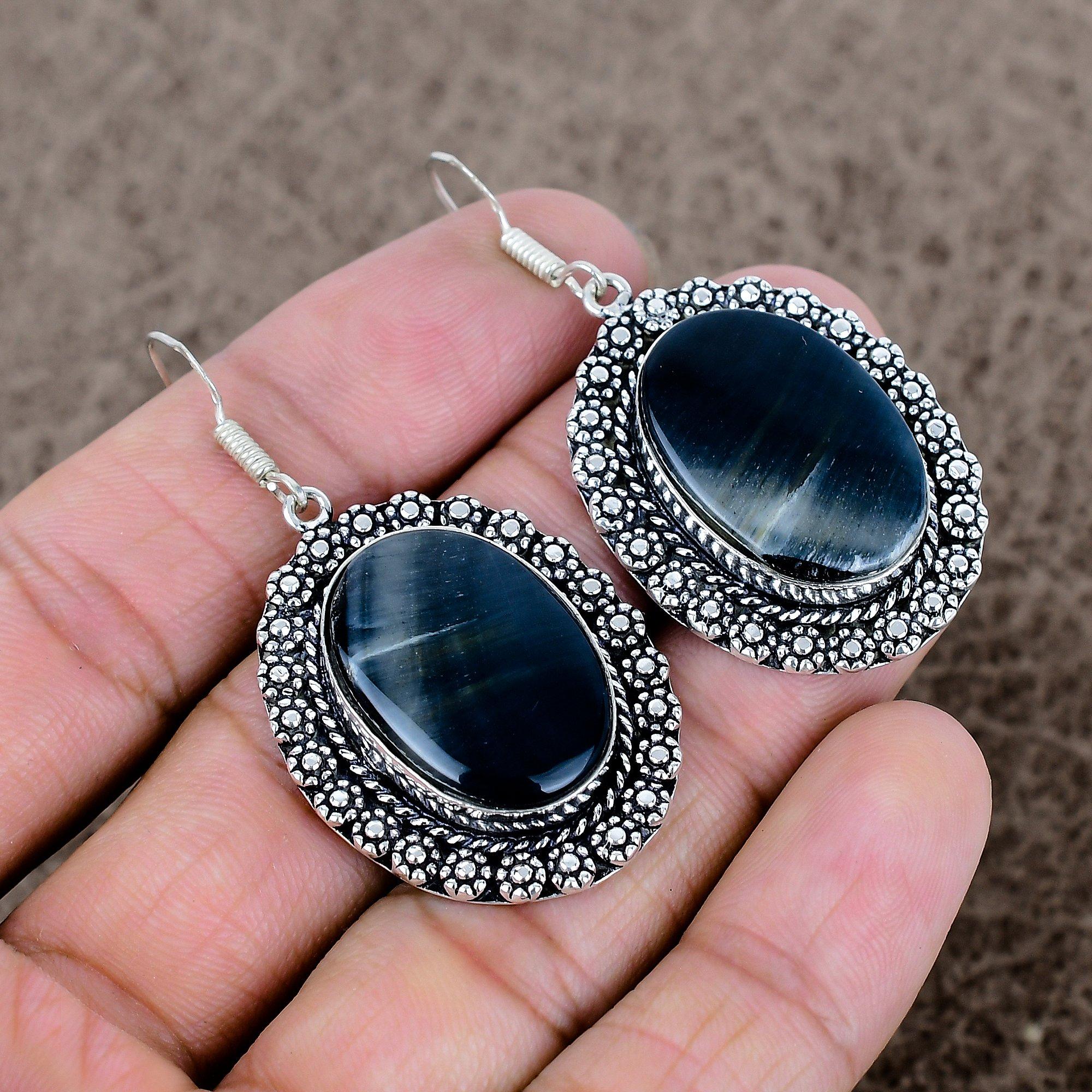 

Black Tiger Eye Gemstone Handmade 925 Sterling Silver Jewelry Earring 2.17 KKG-674