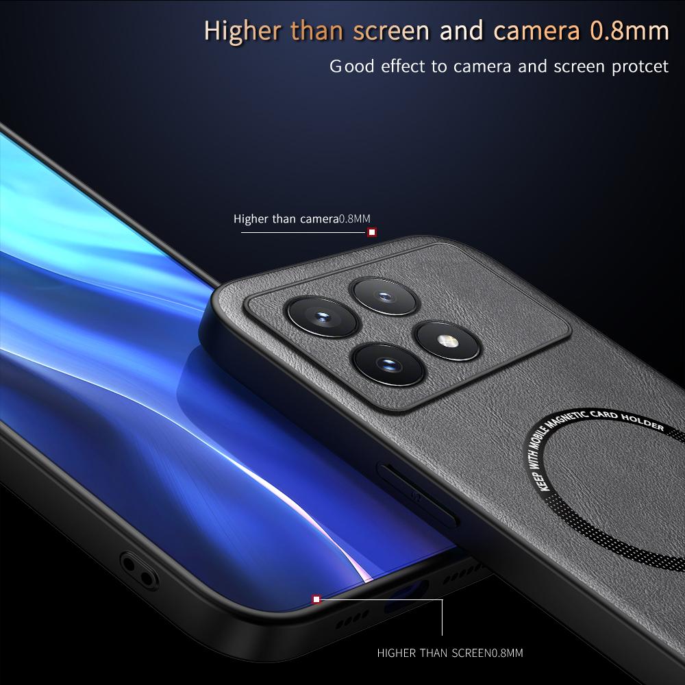 Luxury Leather Magnetic Magsafe Case for POCO X6 X5 Pro F5 Pro C65 M6 Car Mount Case Silicone Shockproof Full Protection Cover