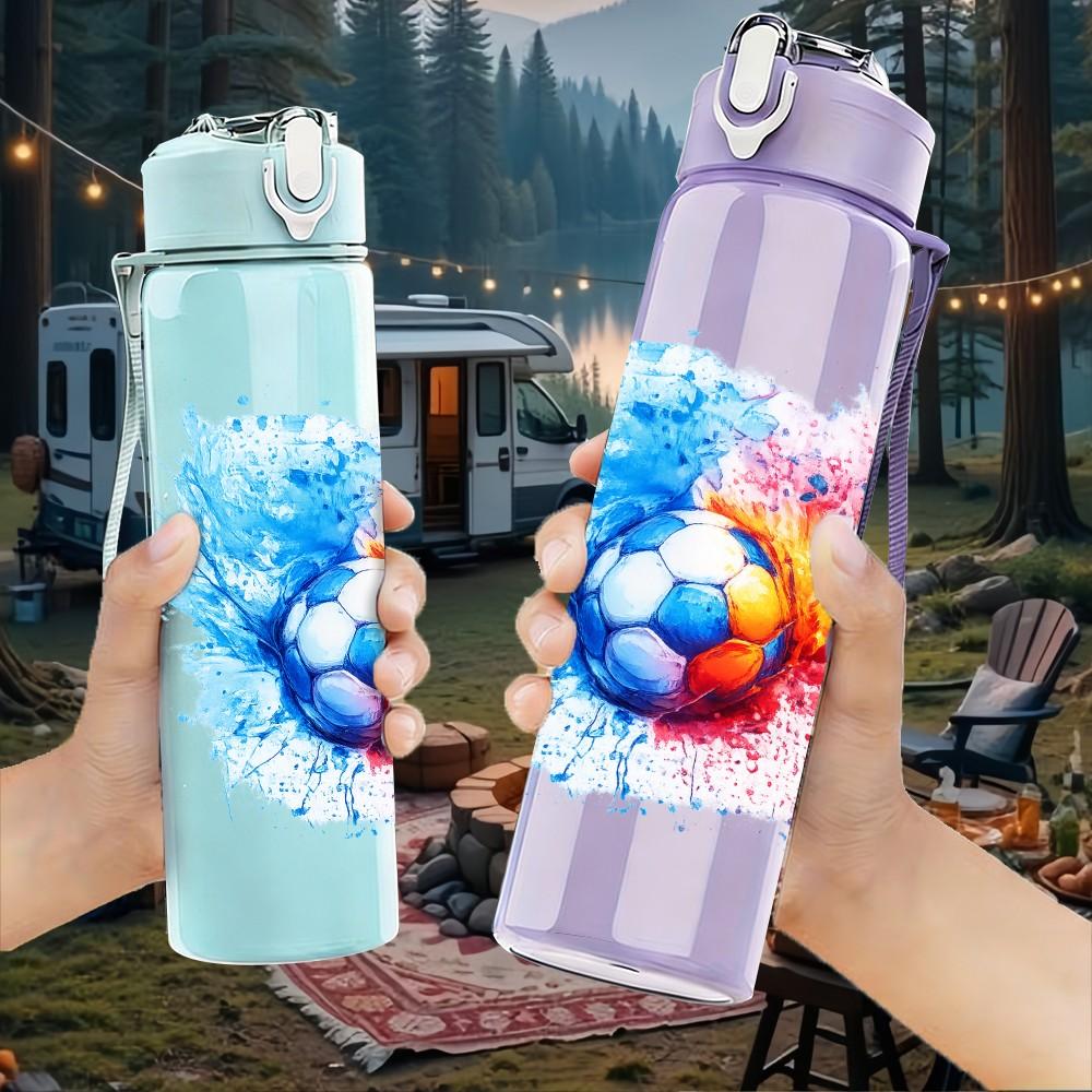 1PC Multicolor Splash Soccer Ball Print 750ml Color Plastic Sports Water Bottle Leakproof Flip Straw Lid Suitable for Sports Office Home Use