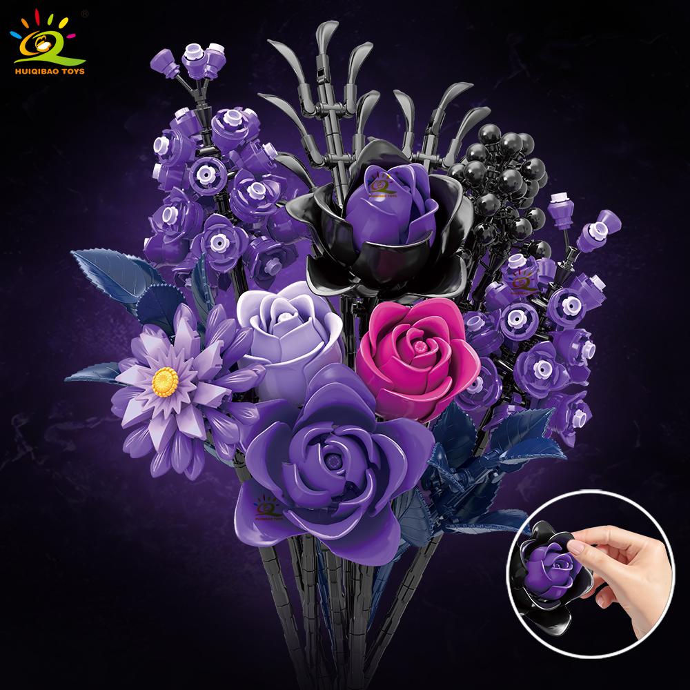 Giftfria Moc Lila Svarta Blomma Ros Modell Byggklossar Diy Evig Bukett Tegelset Leksak För Barn Heminredning