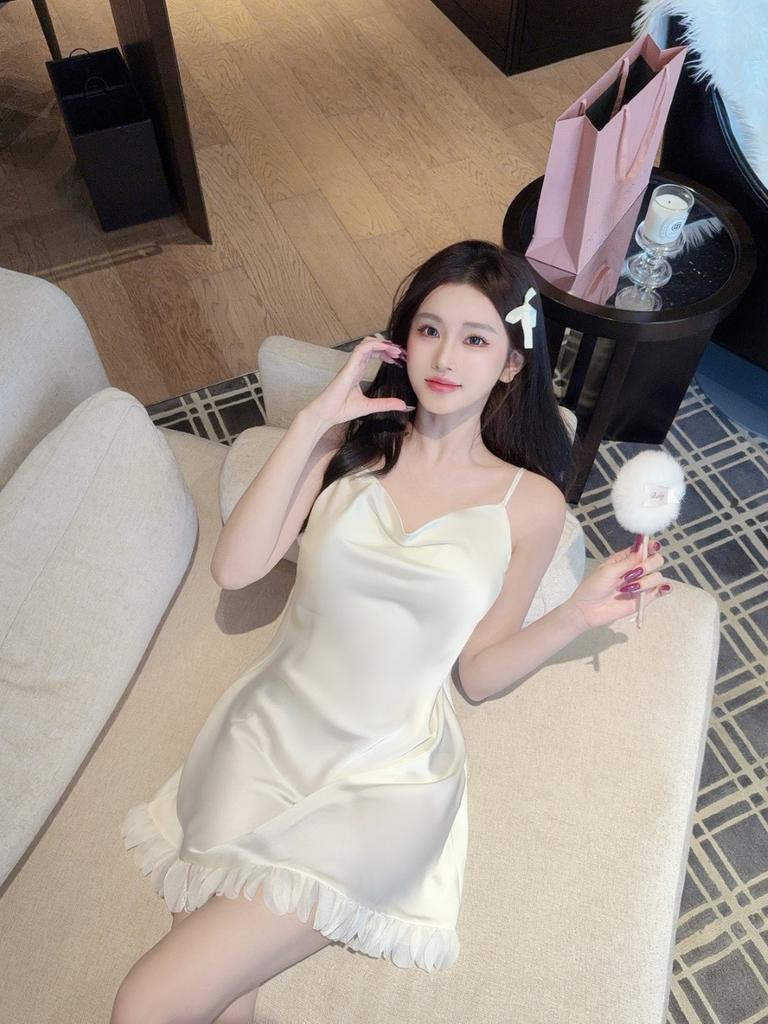 Summer New Ice Silk Nightgown Female Sexy Pure Desire Sweet Princess Style Thin Suspender Nightgown Loungewear Two-piece Set