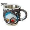 Christmas Mug Decorations Theme with Stainless Steel Liner, 3D Relief Hand Creative Holiday Gifts Painted Resin Coffee Cup, Decorative Drinkware
