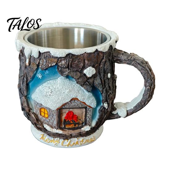 Christmas Mug Decorations Theme with Stainless Steel Liner, 3D Relief Hand Creative Holiday Gifts Painted Resin Coffee Cup, Decorative Drinkware