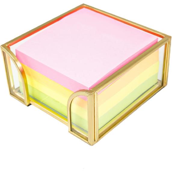 Sticky Note Holder Glass Post It Note Dispenser, 3 x 3 Inch Gold Sticky Note Dispenser, Stylish Post It Holder for Desk Home Office Decor