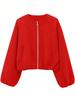 Women's Autumn/Winter Bomber Jacket - Round Neck, Drop Shoulder, Lantern Sleeve, Street Style Zip Cardigan