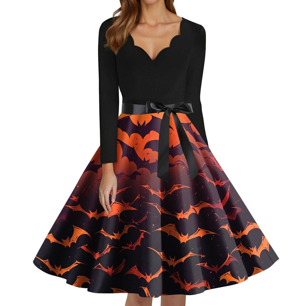 Women's Fashion V-Neck Casual Slim Fit Halloween Printed Long Sleeve Dress