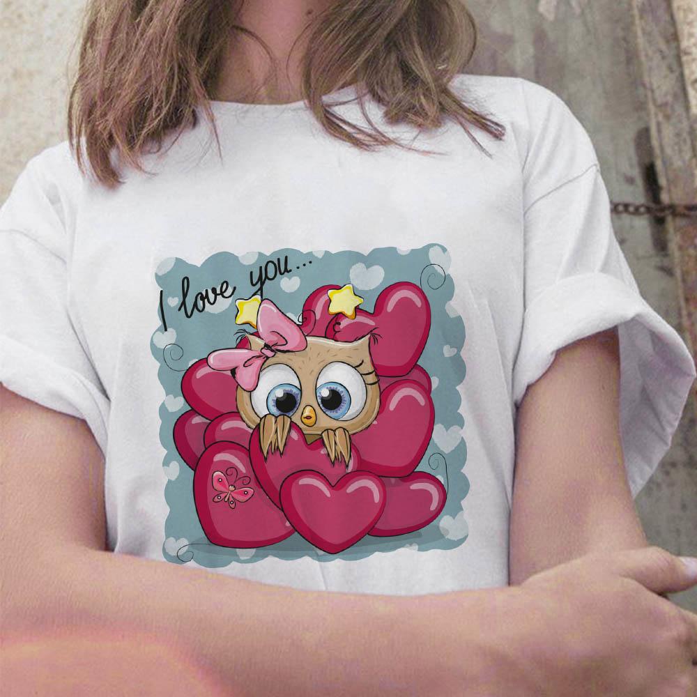 Summer 2025 New Tops Trend Cute Owl Print Ladies T-Shirt Casual Basics Round Neck White Short Sleeve Ladies Tshirt