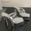 15cm Nachtclub Party Kleiderschuhe für Damen Mode Silber Klobiger Absatz Plateau Sandalen Klare PVC-Riemen Quadratische Zehenpartie Sandalen