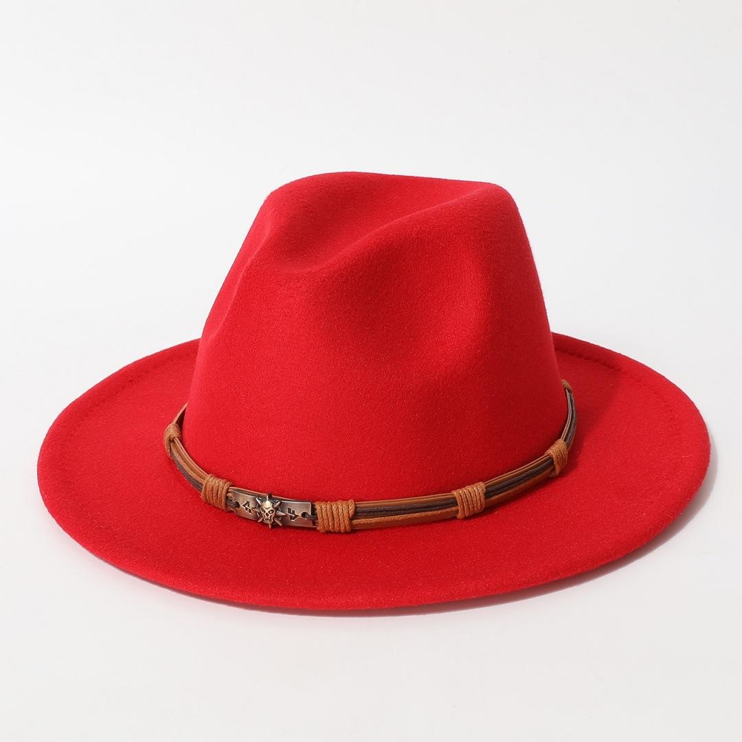 

Western cowboy woolen hat, unisex flat-brimmed knight hat, European and American jazz hat, felt hat, outdoor leisure hat Average Size червоний